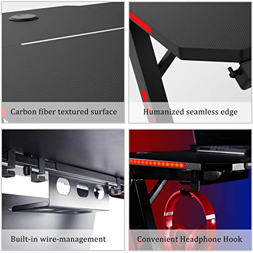 Depointer Gaming Desk LED Lights Z-Shaped Ergonomic Computer Desk Comfortable for PC Gamers Home/Office Durable Racing Table Workstation with Oversized Gaming Platform Surface, Headphone Hook