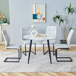 Hommoo 5-Piece Round Glass Dining Table and Chairs Set with Imitation Marble Top