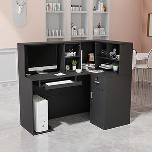 LEADZM L-Shaped Reception Desk with Counter, Lockable Drawers, Adjustable Shelf - Black (55.9" W x 18.9" D x 48" H)