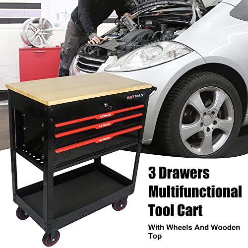 Generic 3 Drawers Multifunctional Tool Cart with Wheels and Wooden Top