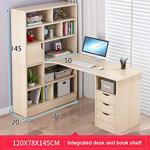 Desk Wooden L Shaped Computer Corner Table with Drawers and Storage Bookshelf, 47" Study Writing Table Workstation for Home Office