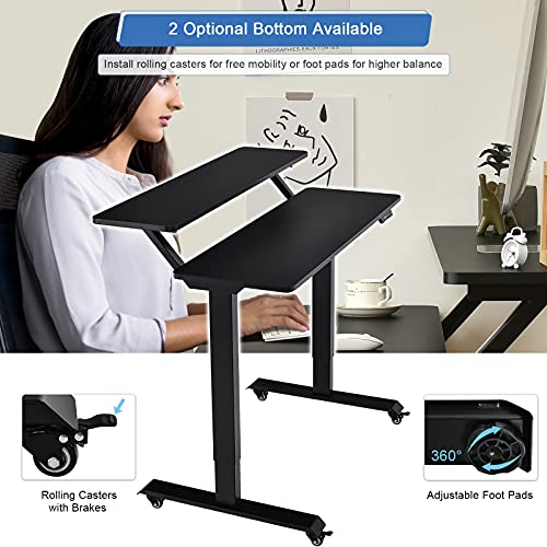 Tangkula Electric 2-Tier Standing Desk, Mobile Height Adjustable Sit Stand Desk Workstation with 4 Lockable Wheels & Replaceable Foot Pads, Hanging Hook, Cable Management Tray, Memory Setting (Black)