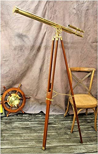 Brass Floor Standing Double Barrel Antique Telescope 39 Inches Nautical Desktop Tripod Spyglass Telescope Shiny Brass Marine Scope Telescope with Wooden Adjustable Tripod Stand Home