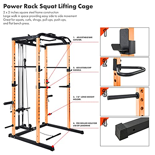 Vanswe Power Cage with LAT Pull Down Attachment, 1000-Pound Capacity Power Rack Full Home Gym Machine with Multi-Grip Pull-up Bar and Dip Handle (Orange)