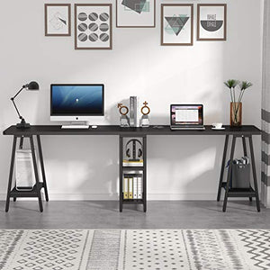 Tribesigns Double Computer Desk with Shelves, 94.5 Inches Extra Long Two Person Desk, Writing Desk Workstation for Home Office (Black)