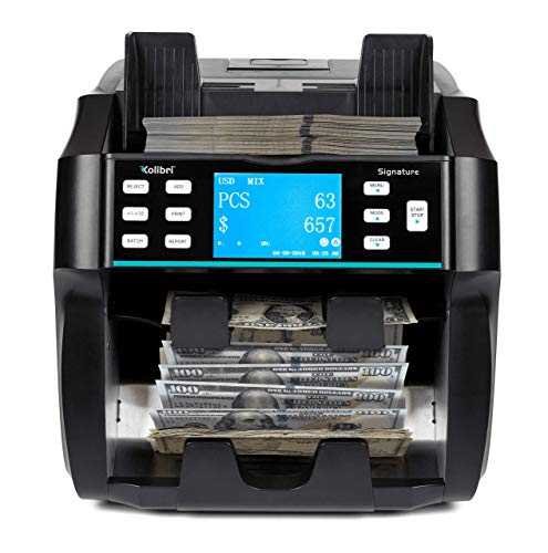 Kolibri Signature 2 Pocket Bank Grade Mixed Money Counter Machine with Built in Printer, Counterfeit Currency Detection UV/MG, On-Screen Reporting, and Reject Pocket