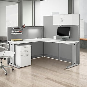 Bush Business Furniture Office in an Hour L Shaped Cubicle Desk with Storage, Drawers, and Organizers | Modern Computer Table Set, 65W, Pure White