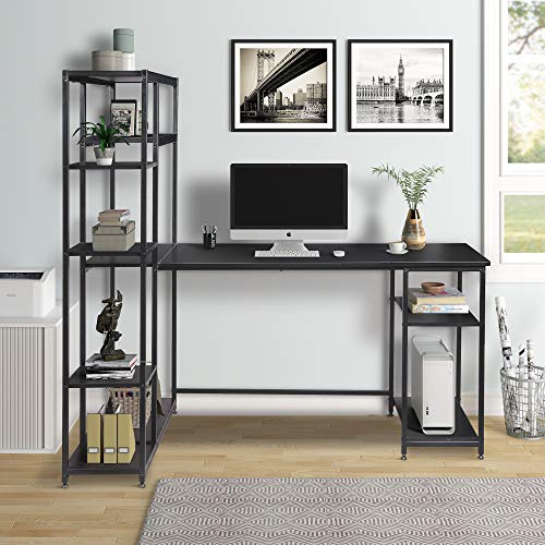 SSLine 63 Inches Computer Desk with Bookshelves,Writing Study Table with 4 Tier Open Plenty Storage Space,Modern Wood Desk with Metal Frame Laptop Table Computer Workstation for Home Office (Black-2)