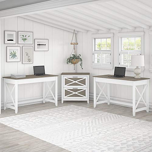 Bush Furniture Key West 2 Person Desk Set with Lateral File Cabinet, Pure White and Shiplap Gray