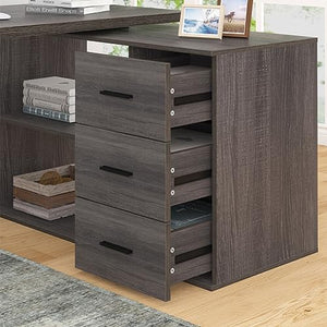HSH L Shaped Computer Desk with Drawers, Storage Cabinet Shelves - Gray 60 In