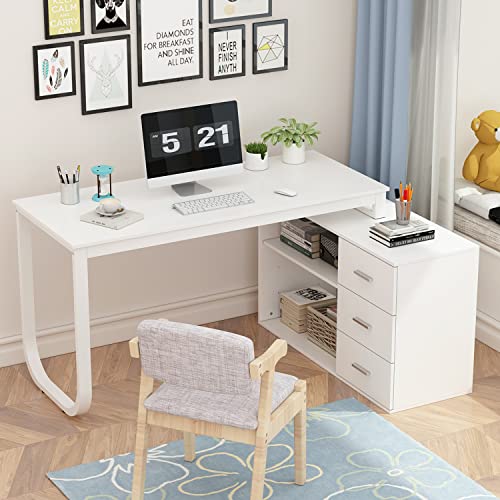 Homsee L-Shaped Computer Desk with Drawers, Shelves, and Storage Cabinet - White