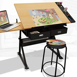 BOPP Drafting Table with Drawers, Drafting Table Desk Adjustable Draft Drawing Table Height Angle with Stool Tabletop Tilted Art Craft Work Station, for Artists and Architecture