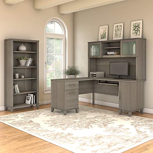 Bush Furniture Somerset 60W L Shaped Desk with Hutch and 5 Shelf Bookcase