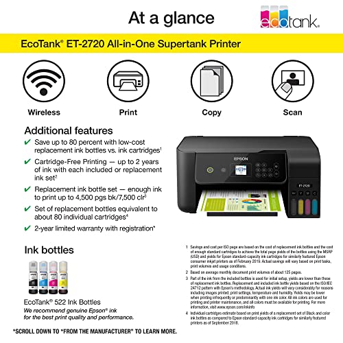 Epson EcoTank ET-2720 All-in-One Wireless Color Inkjet Printer, Black - Print Scan Copy - 10.5 ppm, 5760 x 1440 dpi, Voice Activated, Borderless Photo Printing, 8.5 x 11.7, Ethernet
