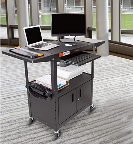 Stand Steady Line Leader Large AV Cart with Locking Cabinet & Drop Leaves, Rolling Height Adjustable Utility Cart with Pullout Laptop Keyboard Tray & Cord Management, Narrow Mobile Workstation (Black, 54 x 18)