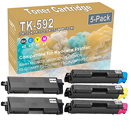5-Pack (2BK+C+Y+M) Compatible High Yield TK-592 (TK-592K TK-592C TK-592Y TK-592M) Printer Toner Cartridge use for Kyocera Ecosys FS-C2126MFP FS-C2526MFP FS-C2626MFP FS-C5250DN P6026cdn Printers