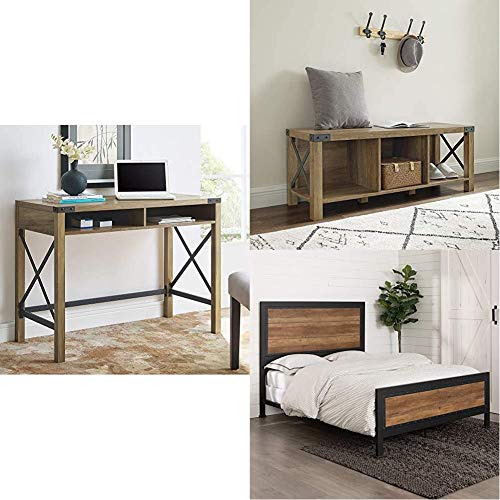 Walker Edison Furniture Laptop Computer Writing Desk Home Office Workstation Small, 42 Inch, Reclaimed Barnwood | Shoe Storage Bench, Reclaimed Barnwood | Queen Bed Frame Bedroom, Reclaimed Brown Oak