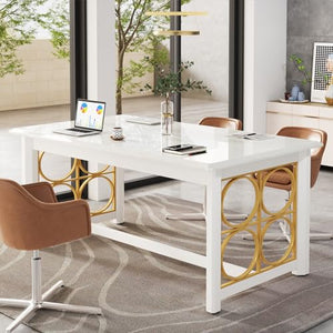 Tribesigns 63" Conference Table with Gold Legs, Glossy Surface - White & Gold