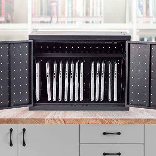 Pearington 16 Device Portable Table Top Charging and Storage Cabinet for iPads, Chromebooks and Laptop Computers, Up to 17-inch Screen Size, Bonus Shelf, Side Handles, Locking Front Door, Cable Clips