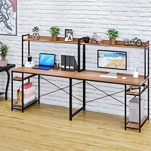 VIPEK 94.5 Inch 2 Person Desk, Large Double Computer Desk with Hutch & Storage Shelves, Extra Long Desk Writing Study Table Double Workstation Home Office Desk for Two People, Suntalam Walnut