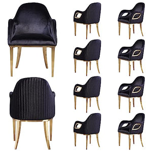 Asday Black Velvet Dining Chairs with Arms and Gold Stainless Steel Legs - Set of 10