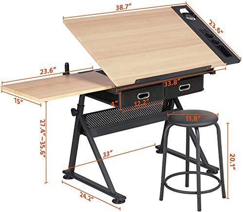 ZQTHL Adjustable Height Drafting Desk Drawing Table Tiltable Tabletop for Reading, Writing Art Craft w/2 Storage Drawers and Stool for Home Office,A