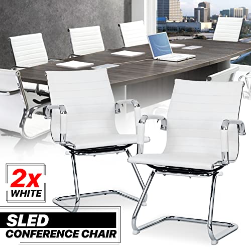 MoNiBloom PU Leather Office Guest Chair, Mid Back, Sled Base, Armrest, White, 2 Piece