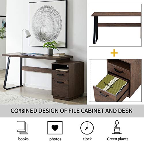 Nedley 65" Walnut Home Office Computer Desk with Cabinet Drawers 55" Desk and 15" Drawer