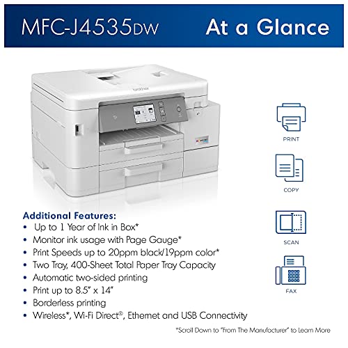 Brother MFC-J4535D INKvestment Tank Wireless Color Inkjet All-in-One Printer - Print Copy Scan Fax - 20 ppm, 4800 x 1200 dpi, 8.5" x 14" Legal, Auto Duplex Printing, 20-sheet ADF, BROAGE Printer Cable