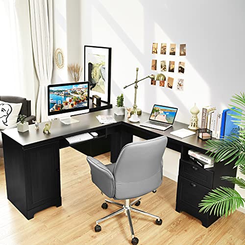 Tangkula L-Shaped Desk, 66" × 66" Corner Computer Desk with Drawers and Storage Shelf, Home Office Desk, Sturdy and Space-Saving Writing Table, Black