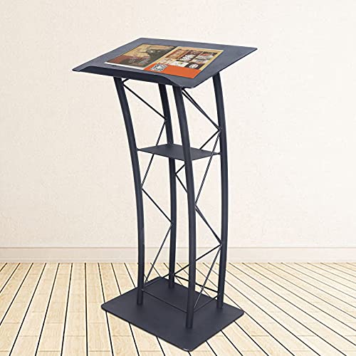 BINELUCOLU Metal Podium Stand, Black Curved Pulpit Lectern with Storage Holder - Ideal for Speeches, Churches, and Ceremonies