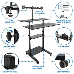 Mount-It! Mobile Standing Desk with Dual Monitor Mount - 40 Inch Wide Height Adjustable Rolling Computer Workstation with Four Wheels,