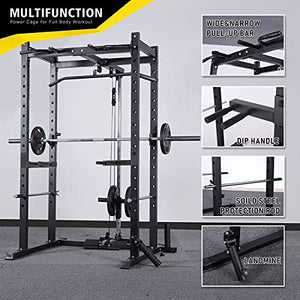 Mikolo Olympic Power Cage, 1000 lbs Commercial Weight Cage with LAT Pull-Down Pulley System, J-Hooks, 360 Degree Landmine, Dip Bars, Barbell Holder, and Other Attachments for Home Gym