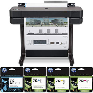 HP DesignJet T630 Large Format Printer, 24" Color Inkjet Plotter, Wireless, Bundle 712 29ml Cyan 712 29ml Magenta 712 29ml Yellow 712 38ml Black Ink Cartridges