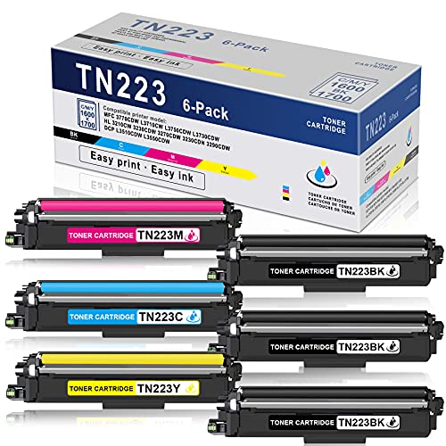6 Pack (3BK+1C+1M+1Y) Toner Compatible TN223 TN-223 TN223BK TN223C TN223M TN223Y Toner Cartridge Replacement for Brother MFC L3710CW L3750CDW HL 33230CDN 3290CDW 3290CDW DCP L3510CDW L3550CDW Printer