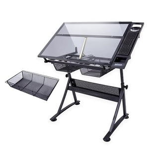 CYYTLFSD Glass Drafting Table Art Desk with Drawers and Chair