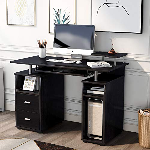Merax Computer Desk Study Writing Table for Home Office with 47.2 inch Workstation, Pull-Out Keyboard Tray and Drawers, White