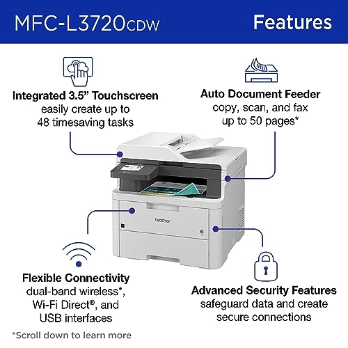 Brother MFC-L3720CDW Wireless Color All-in-One Printer - Laser Quality Output, Copy, Scan, Fax, Duplex