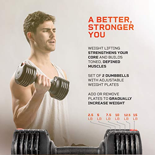 Lifepro PowerUp Adjustable Weights Dumbbells Set - Home Workout Equipment for Weight Lifting, Strength Training, Muscle Building, Core Fitness - Light 2.5 lb-15 lb Adjustable Dumbbells Set of 2