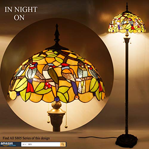 WERFACTORY Tiffany Floor Lamp Double Birds Amber Stained Glass 16X16X64 Inches Antique Pole Corner Lamp - S805 Series