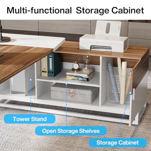 Tribesigns Executive Desk and Lateral File Cabinet Set, Large L-Shaped Computer Desk with Storage, White/Walnut
