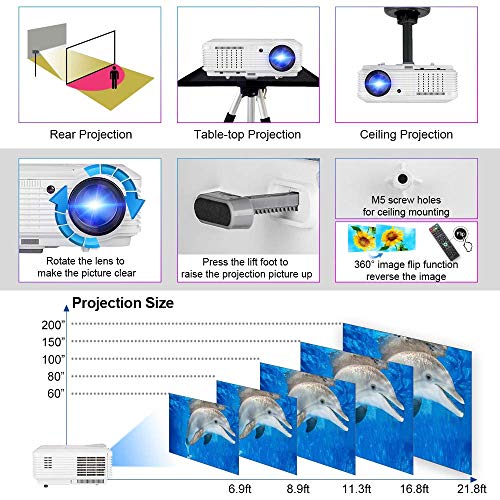 LED HD Video Projector Bluetooth Android 6.0 WiFi 3900 Lumens WXGA, 200" LCD Home Cinema Theater Projector 1080P HDMI VGA USB AV TV for Indoor Outdoor Movie TV Gaming Phone Laptop Firestick DVD PS4