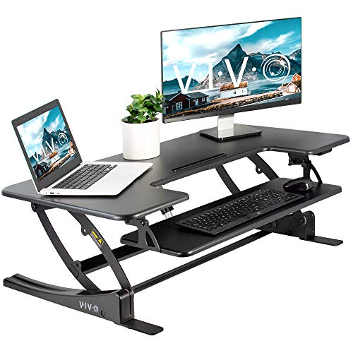 VIVO Black Electric Extra Wide 42 inch Stand Up Desk Converter | Quick Sit to Stand Tabletop Dual Monitor Riser Workstation (DESK-V000VLE)