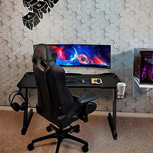 Greesum Gaming Desk, 44 Inch Home Office Computer Table, Z Shaped Gamer Workstation Fiber Surface Cup Holder & Headphone Hook, Carbon Black
