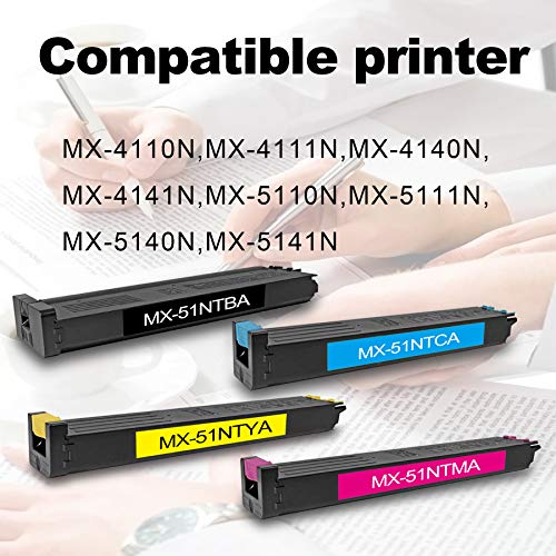 4 Pack (1BK+1C+1M+1Y) MX-51NT Toner Cartridge Replacement for Sharp MX-4110N 4111N 4140N 4141N 5110N 5111N 5140N 5141N Printer