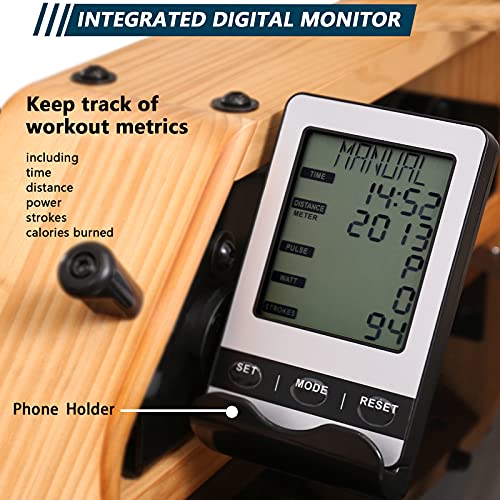 gorowingo Water Rower Rowing Machine, Wooden Row Machine with LCD Monitor & Phone Holder for Home Use Indoor Full Body Exercise