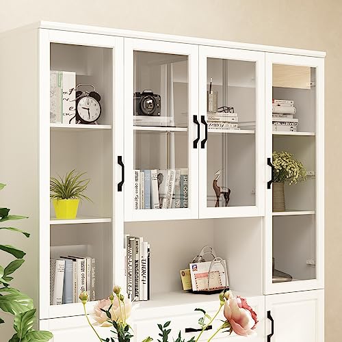 Homsee Tall Bookcase Bookshelf with Storage Shelves, Drawers, Glass Doors - White (63”W x 15.7”D x 78.7”H)