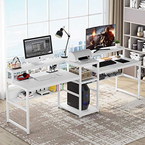 Tribesigns 94.5 inch Double Computer Desk with Storage Shelf, Extra Long Two Persons Desk with Printer Shelf, Large Office Desk Study Writing Table for Home Office (White)