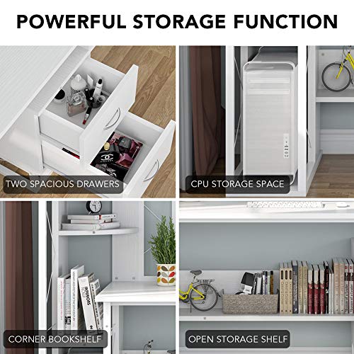 Tribesigns Computer Desk with Drawers, Functional Writing Desk with Corner Tower Shelves Works as Home Office Compact Workstation Desk for Small Space (All White)