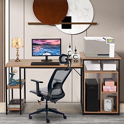 Home Office Desk with Printer Stand and Storage Shelves, 47 inches Computer Desk Large Gaming Desk Multifunctional Writing Table Workstation with Space Saving Design (Brown)